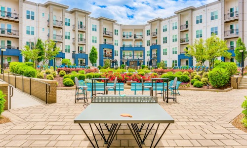 a table and chairs outside