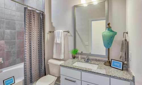 a bathroom with a large mirror