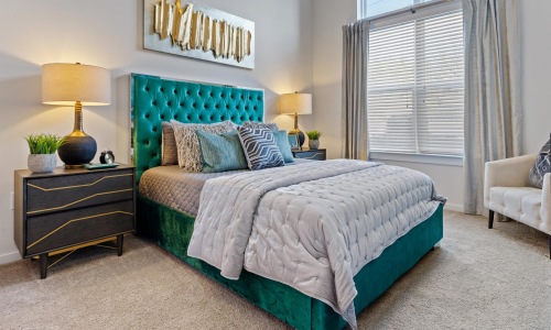 a bedroom with a bed and lamps