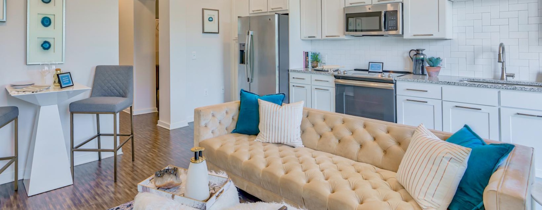 a living room with a couch and a table